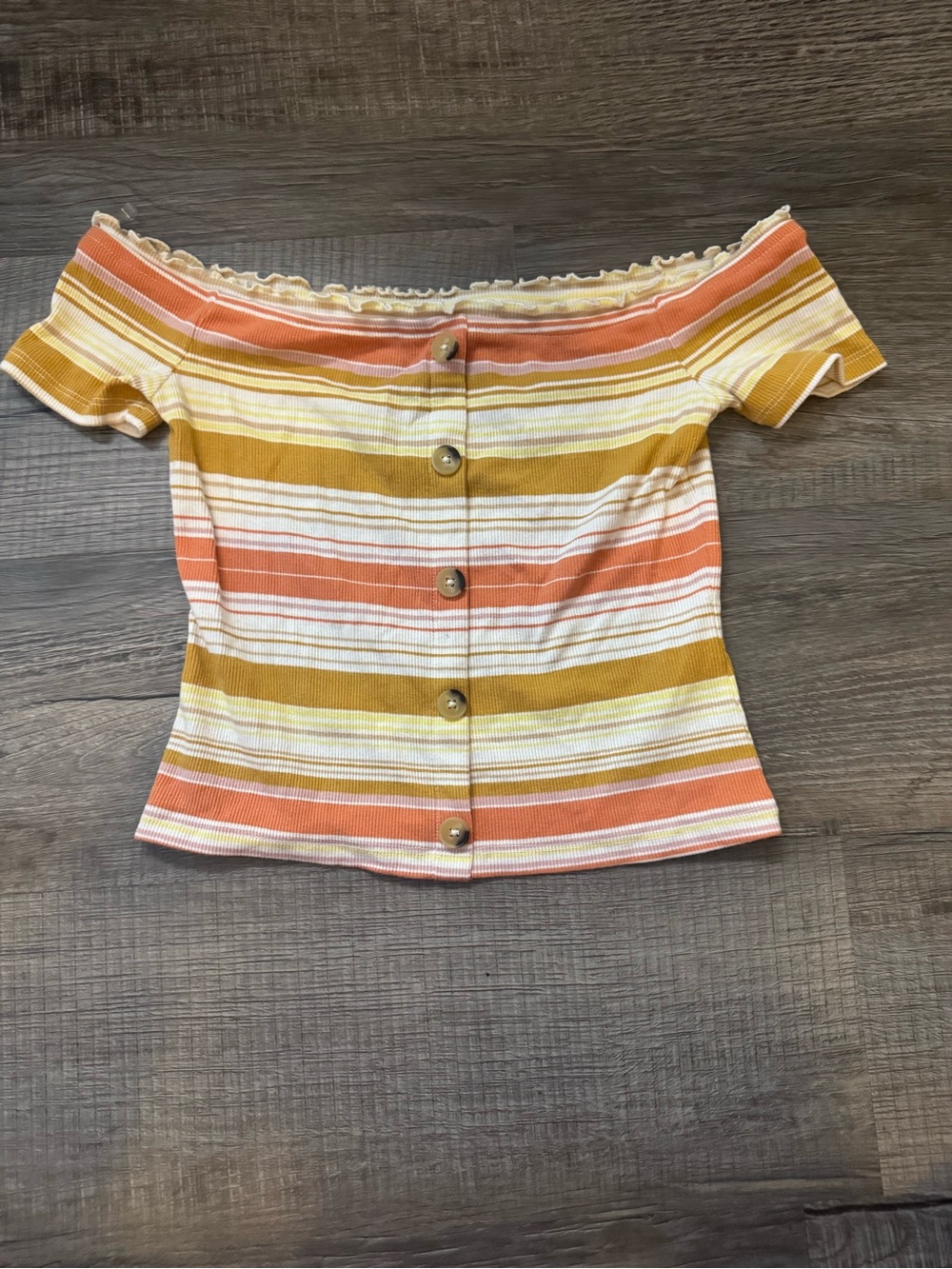Off-Shoulder Striped Button-Front Top in Mustard & Coral